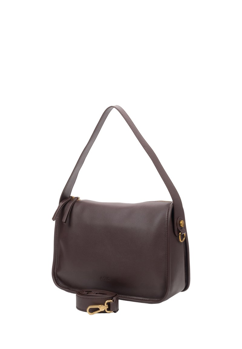 Brown leather handbag with a smooth texture, featuring a top zip closure, adjustable strap, and gold-tone hardware accents.