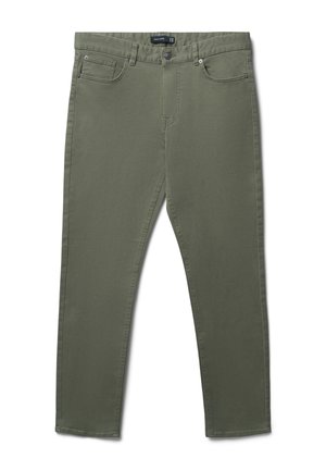 Pantalon vert olive en tissu coton, doté d'une fermeture à bouton, de cinq poches et d'une coupe droite avec des détails de couture minimalistes.