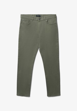 Pantalon vert olive en tissu coton, doté d'une fermeture à bouton, de cinq poches et d'une coupe droite avec des détails de couture minimalistes.