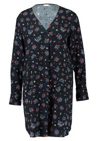 Černé květované šaty s výstřihem do V, dlouhými rukávy a volným střihem. Látka má hladkou texturu a po celém povrchu jsou barevné květinové vzory.