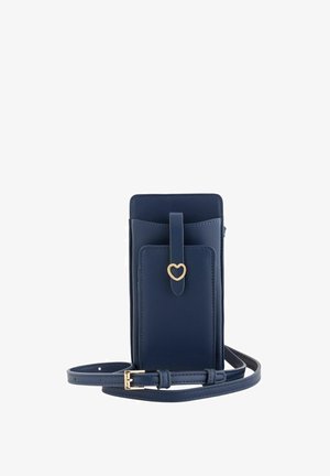 Marineblaues, strukturiertes Leder-Umhängetäschchen für das Telefon mit Fronttasche, herzförmigem goldfarbenem Verschluss und verstellbarem Riemen mit goldfarbener Schnalle.