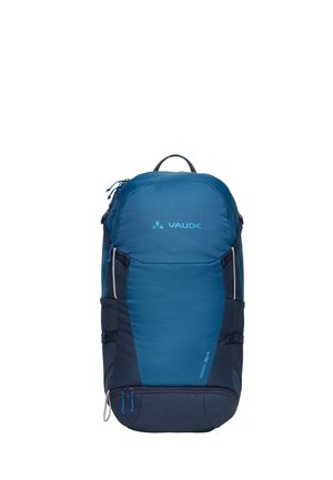 Zaino da escursionismo Vaude Wizard 30+4L blu e grigio scuro con molteplici scomparti con zip e maniglia superiore per trasporto.