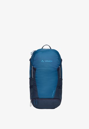 Mochila de senderismo Vaude Wizard de 30+4L en azul y gris oscuro con múltiples compartimentos con cremallera y asa superior para transportar.