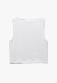 Simpel hvid ærmeløs cropped tanktop med firkantet udskæring, præsenteret fladt på en hvid baggrund.