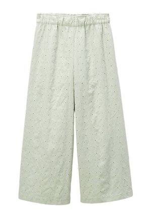 Pantalon large vert clair avec taille élastique et broderie florale ajourée sur l'ensemble du tissu.