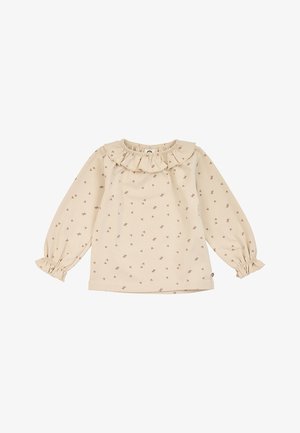 Beige Langarmbluse mit kleinem braunem Blumenmuster, elastischem Volantkragen und Ärmeln, für Kinder entworfen.