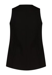 Zwarte mouwloze op maat gemaakte vest met een getailleerde taille en naaddetails, weergegeven van achteren tegen een witte achtergrond.