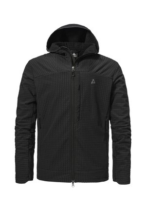 Schwarze gesteppte Jacke mit festgenähter Kapuze, durchgehendem Reißverschluss vorne, Reißverschlusstasche auf der Brust und langen Ärmeln, auf weißem Hintergrund dargestellt.