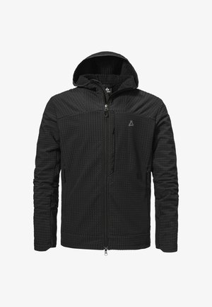 Schwarze gesteppte Jacke mit festgenähter Kapuze, durchgehendem Reißverschluss vorne, Reißverschlusstasche auf der Brust und langen Ärmeln, auf weißem Hintergrund dargestellt.