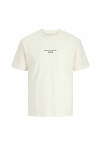 Cremefarvet bomulds t-shirt med korte ærmer, rund halsudskæring, prydet med trykt tekst: "DINERING MED VENNER" og "Paris" i sort.