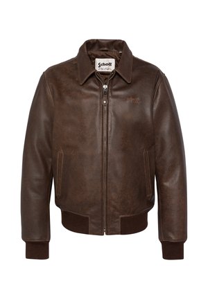Giacca bomber in pelle marrone con colletto, chiusura frontale con zip, polsini a costine e due tasche laterali. Finitura testurizzata e dettaglio del logo.