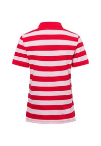 Rot-weiß gestreiftes Polohemd mit Kragen, kurzen Ärmeln und weicher Textur. Gerader Schnitt, geeignet für legere Kleidung.