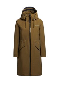 Brun vattentät parka med huva, med en frontdragkedja, två sidfickor och justerbara dragsnören. Slät textur och långa ärmar.