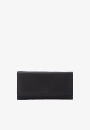 Portefeuille en cuir noir avec une texture lisse, de forme rectangulaire et aux bords cousus ; présente un logo en relief sur le devant.