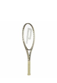 Tennis racket with a metallic silver frame, white strings, and a beige grip. Features a logo on the strings and is oval-shaped.