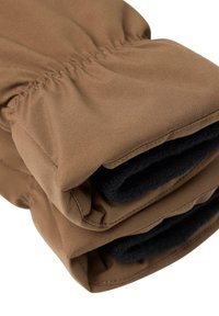 Bruine stof gevouwen over een zwarte voering met elastische manchetten, die een gladde textuur en een op maat gemaakte uitstraling laat zien voor warmte en comfort.