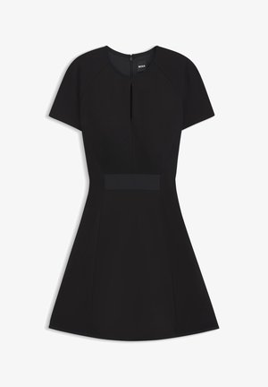 Must must-fit-and-flare kleit lühikeste varrukatega, mille ees on võtmesilmuse detail ja kontrastse värvusega taljeääris. Valmistatud siledast kangast, mis loob sujuva silueti.