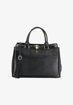 Schwarze Krokoleder-Handtasche mit strukturierter Form, goldenen Beschlägen, doppelten Griffen und einem abnehmbaren Schulterriemen. Verfügt über ein Detail mit einem Schlüsselschloss.