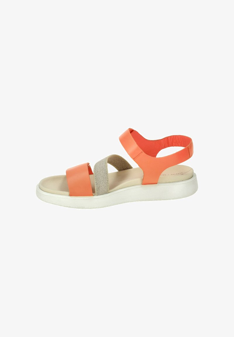 Strappy sandal featuring bright coral and beige leather, soft footbed, and a white rubber sole with a cushioned ankle strap.