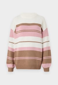 Knit pullover sweater with a round neck, featuring horizontal stripes in beige, white, pink, and light pink. Includes ribbed cuffs and hem.