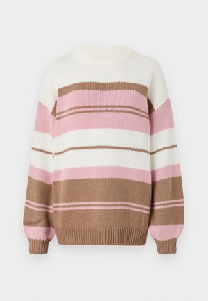 Pull en tricot avec col rond, présentant des rayures horizontales en beige, blanc, rose et rose clair. Comprend des poignets et un ourlet côtelés.