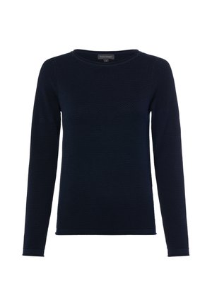 Marineblauer, langärmeliger, strukturierter Strickpullover mit rundem Ausschnitt und kleinem Label am Kragen.