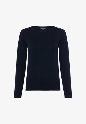 Marineblauer, langärmeliger, strukturierter Strickpullover mit rundem Ausschnitt und kleinem Label am Kragen.