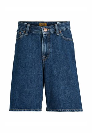 Shorts in denim blu scuro con chiusura con bottone, passanti per cintura, tasche frontali ed etichetta Jack & Jones in vita.
