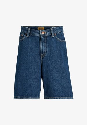 Mørkeblå denimshorts med knappelukking, beltestropper, fremre lommer og Jack & Jones-merke på midjen.