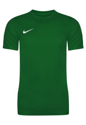 Grünes Nike T-Shirt mit kurzen Ärmeln aus glattem Stoff, mit einem weißen Nike-Logo auf der linken Brust. Rundhalsausschnitt, normale Passform.