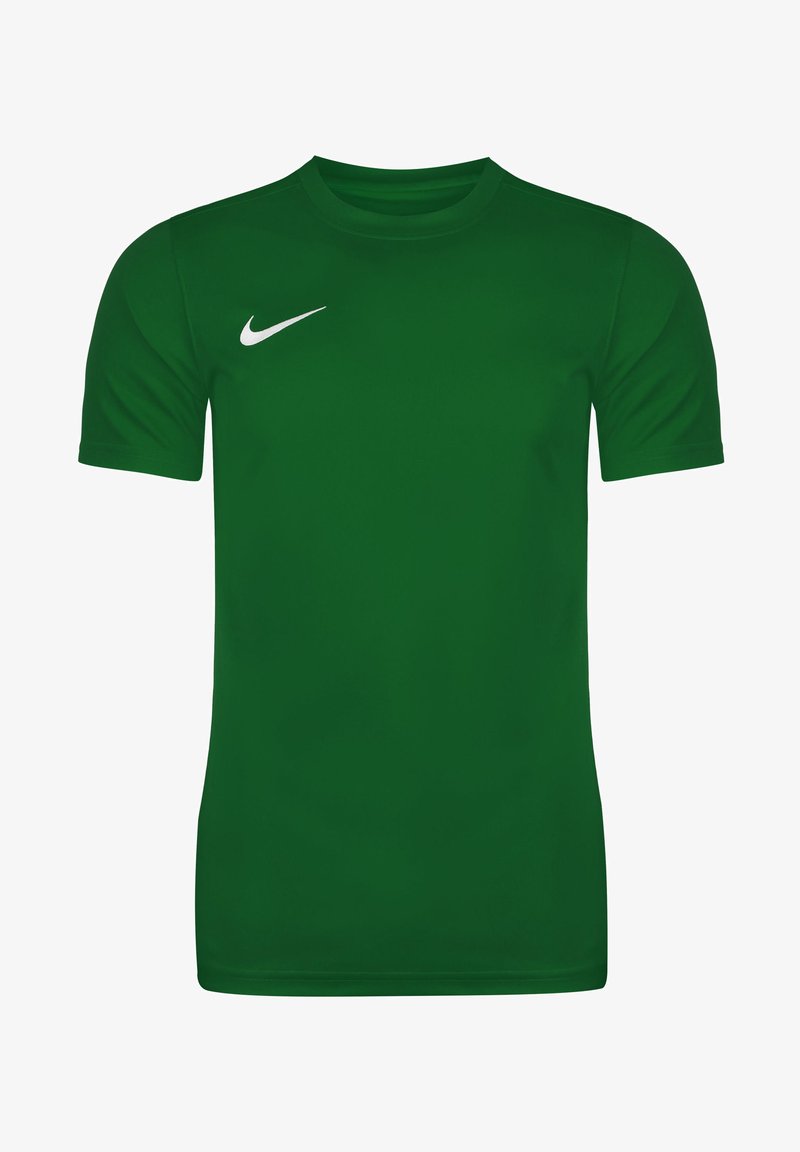 Groen T-shirt met korte mouwen van Nike, gemaakt van een gladde stof, met een witte Nike-logo op de linkerkant van de borst. Ronde halslijn, normale pasvorm.