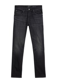 Svarta denimjeans med en smal, smal passform, utrustade med fem fickor, en knappgylf och subtil blekning på låren och knäna.