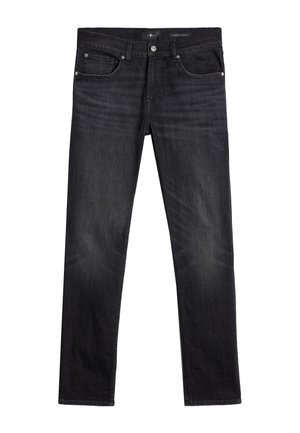 Jeans in denim nero con una vestibilità slim tapered, caratterizzati da cinque tasche, chiusura con bottone e leggere scoloriture sulle cosce e sulle ginocchia.