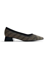 Chaussure plate à bout pointu avec petit talon carré, dotée d'un dessus en tissu rayé noir et beige en diagonale et d'un talon noir.