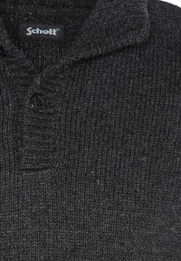 Dunkelgrauer, gestrickter Pullover mit Kragendesign, der über eine Knopfleiste und ein strukturiertes Muster im gesamten Stoff verfügt.