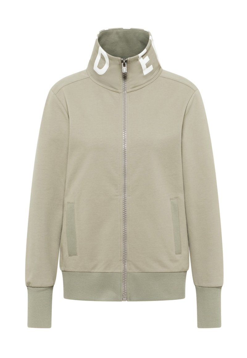 Svetlozelená bunda na zips s vysokým golierom, s bielymi písmenami na golieri, bočnými vreckami a rebrovanými manžetami a pásom.