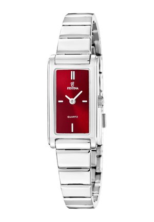 Silver metal bracelet watch with rectangular red face, minimal white hour markers, two hands, and Festina logo. Quartz movement.