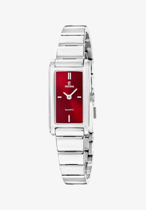 Srebrny zegarek na metalowej bransolecie z prostokątną czerwoną tarczą, minimalistycznymi białymi oznaczeniami godzin, dwoma wskazówkami i logo Festina. Mechanizm kwarcowy.