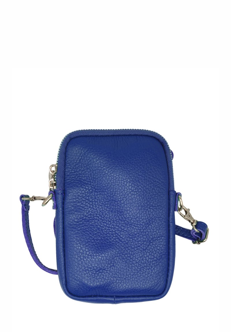 Sac bandoulière en cuir bleu, forme rectangulaire, surface texturée, fermeture éclair supérieure, bandoulière amovible, détails en métal argenté.