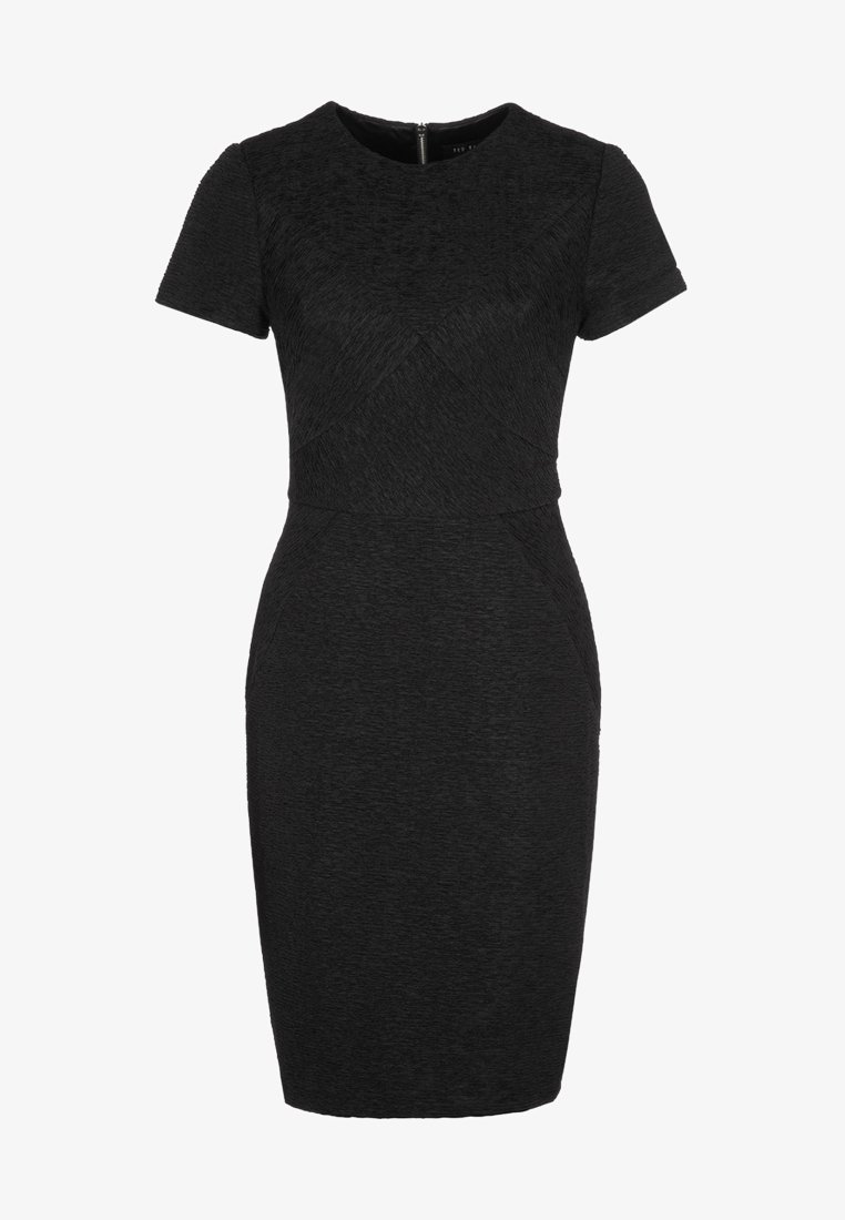 Robe noire ajustée à manches courtes, longueur genou, en tissu texturé avec une fermeture éclair au dos.