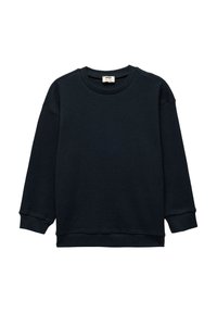 Sudadera negra de textura tipo waffle con mangas largas, cuello redondo y puños acanalados. Diseño minimalista, sin patrones ni acentos visibles.