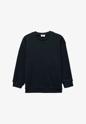 Zwarte sweatshirt van wafeltextuur met lange mouwen, ronde hals en geribde manchetten. Minimalistisch ontwerp, geen zichtbare patronen of accenten.