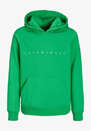 Grön hoodie gjord av en blandning av bomull. Har en framficka och huva med dragsko. Texten "JACK & JONES" tryckt i vitt över bröstet.