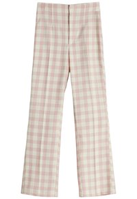 Plaid trousers in cream with pink and gray lines, featuring a wide-leg design, subtle pleats, and a concealed front zipper.