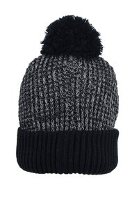 Gorro de punto con una combinación de colores en gris oscuro y negro, un puño acanalado grueso y un pompon esponjoso en la parte superior.