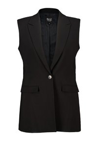 Mouwloze zwarte blazer met notch revers, sluiting met één knoop en twee voorklappockets, maat 40, merk MS Mode.