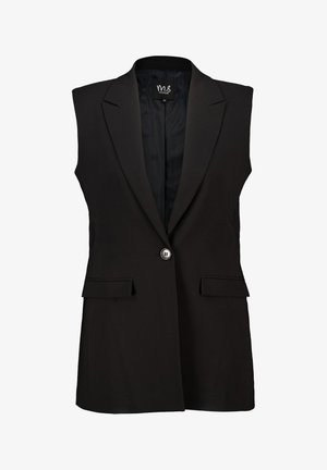 Mouwloze zwarte blazer met notch revers, sluiting met één knoop en twee voorklappockets, maat 40, merk MS Mode.