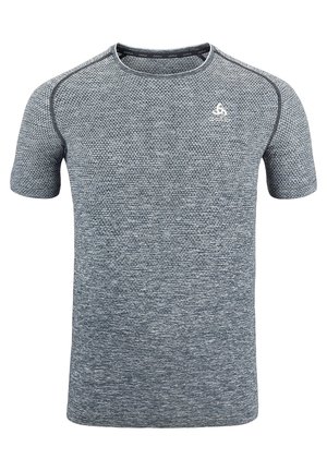 T-shirt de sport à manches courtes en tissu gris foncé chiné avec un motif texturé, col rond et coutures contrastées. Logo brodé sur la poitrine.