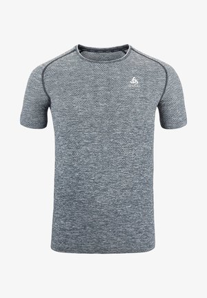Short-sleeve athletic shirt in heathered dark gray fabric with textured pattern, round neckline, and contrasting stitching. Embroidered logo on chest.