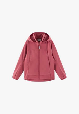 Różowa softshellowa kurtka z kapturem, z zamkiem z przodu, dwoma bocznymi kieszeniami i elastycznymi mankietami.